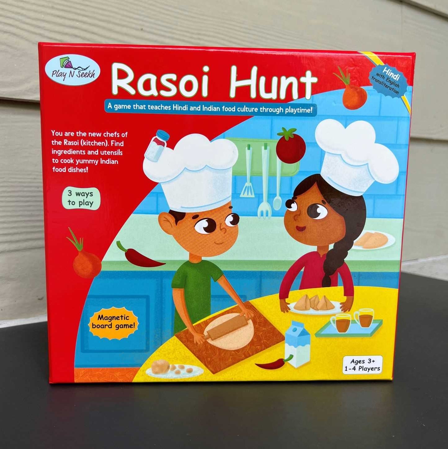 Rasoi Hunt magnetic board game about cooking Indian food dishes and to teach Hindi words around the kitchen. Created by PlayNSeekh. 